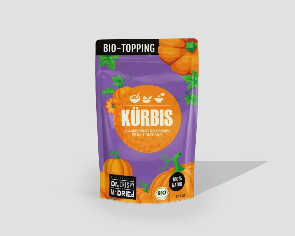 Dr. Crispy & Mr. Dried Genussflocken Bio Kürbis græskarflager 45 g mild nøddesmag