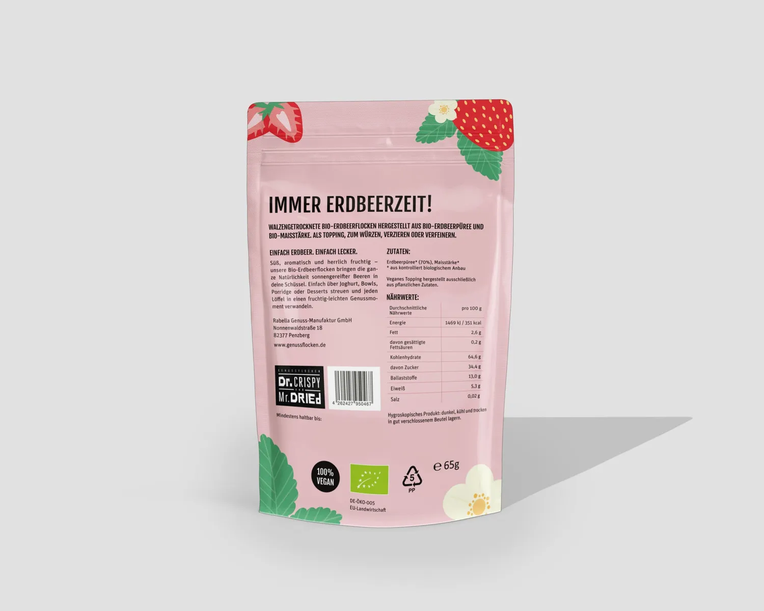 Dr. Crispy & Mr. Dried Genussflocken Bio Jordbær frugtflager 100g sød