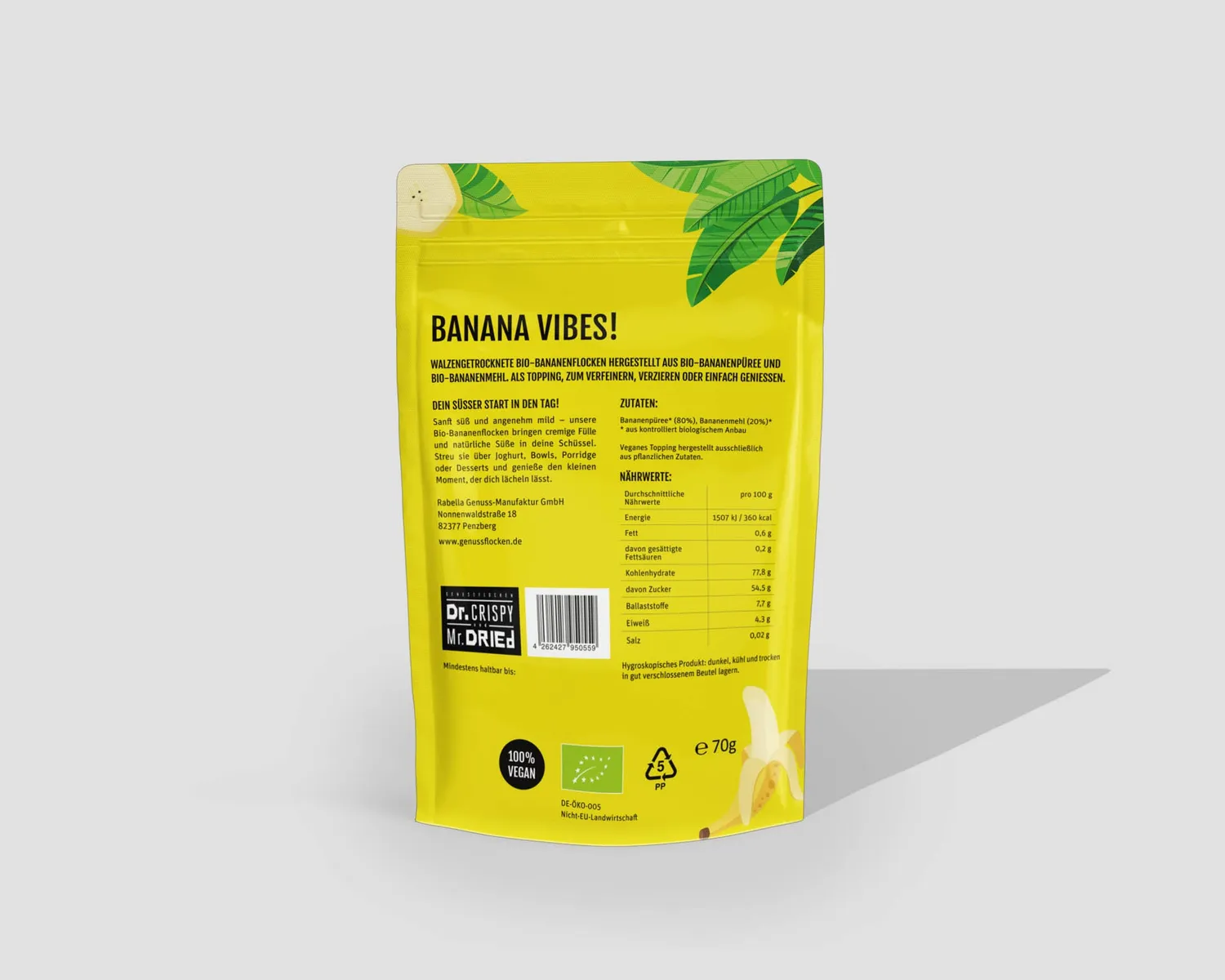 Dr. Crispy & Mr. Dried Genussflocken Bio Banane bananflager 70 g mild sødme