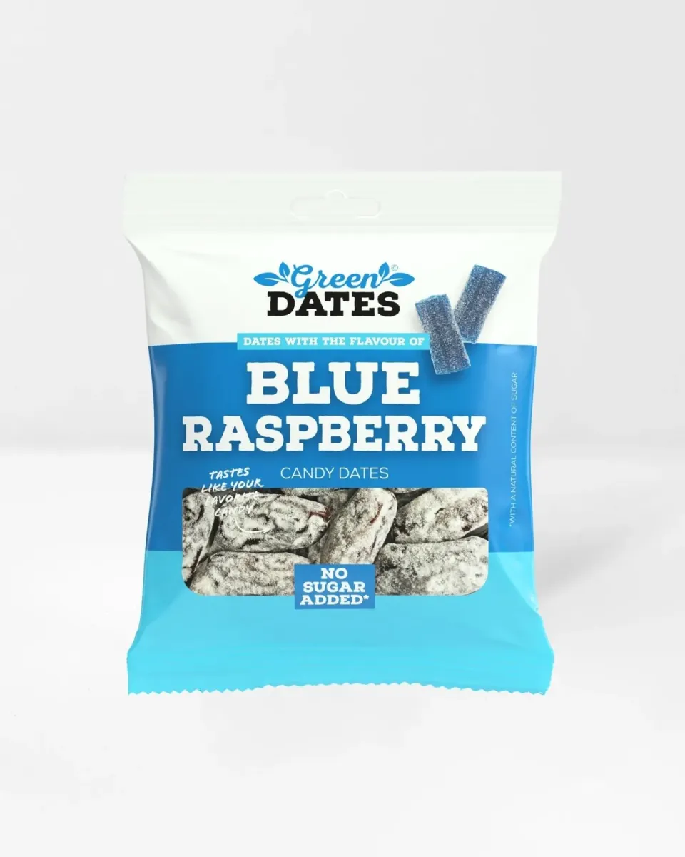 Green Dates Candy Dates Blue Raspberry dadler 90 g med bærsmag