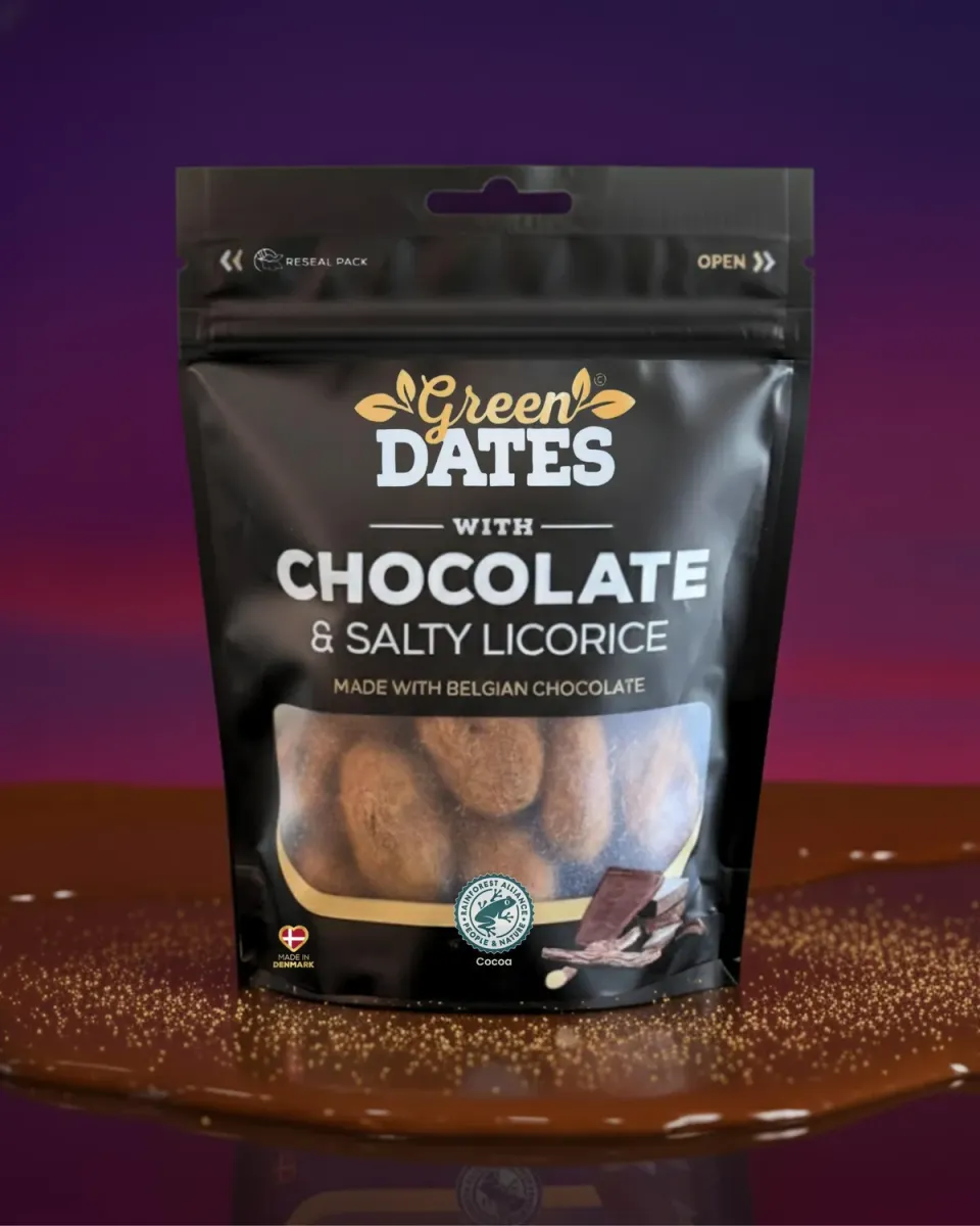 Green Dates dadler med belgisk chokolade og salt lakrids 110 g