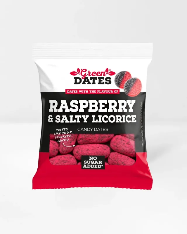 Green Dates Candy Dates Raspberry & Salty Licorice dadler 90 g hindbær og lakrids