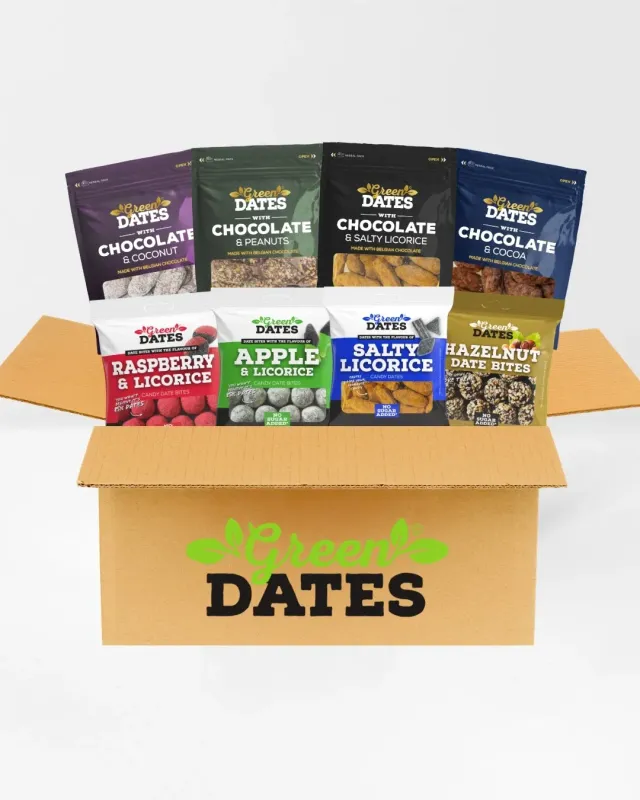 Green Dates Firma snackbox 40 poser med 9 dadelsnacks