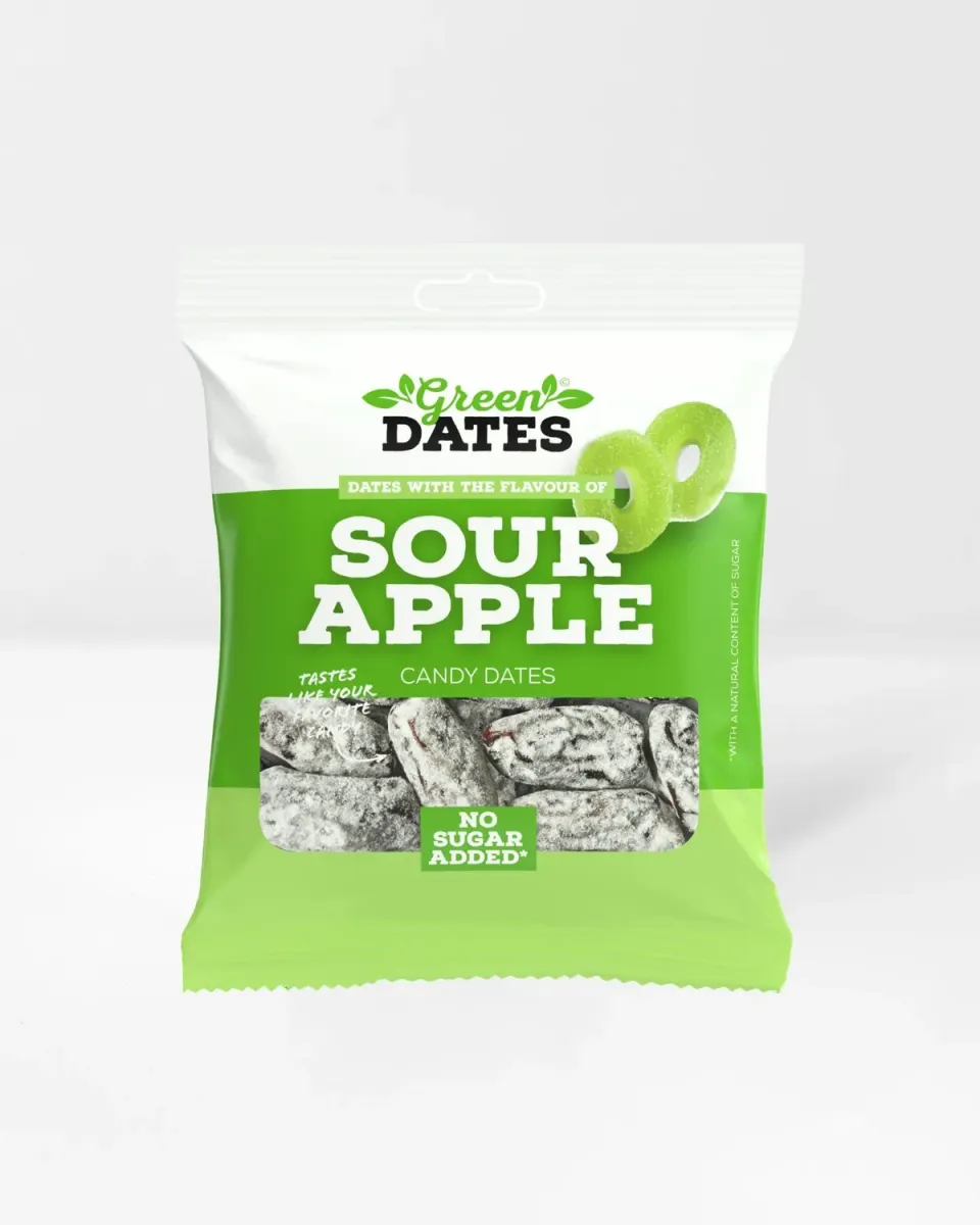 Green Dates Candy Dates Sour Apple dadler 90 g med æblesmag