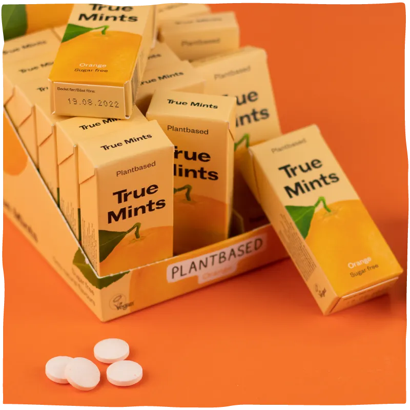 True Gum Orange Mints Box pastiller 18 pakker appelsin
