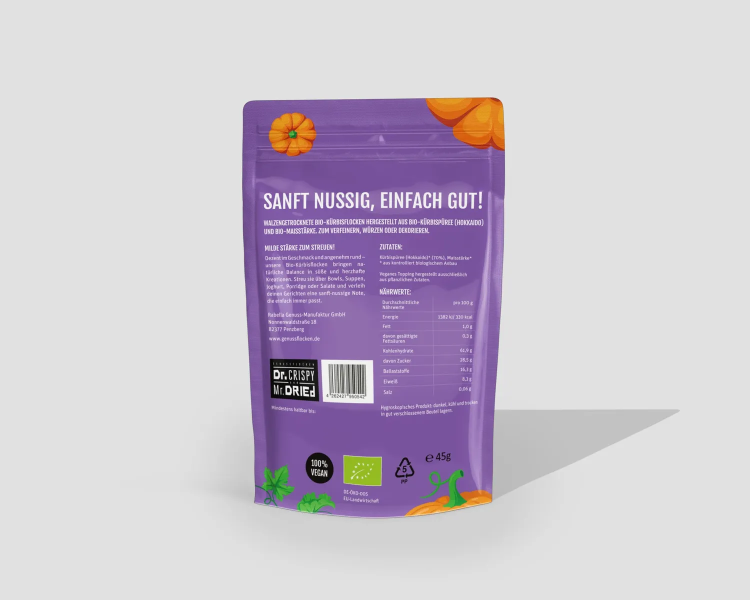 Dr. Crispy & Mr. Dried Genussflocken Bio Kürbis græskarflager 45 g mild nøddesmag