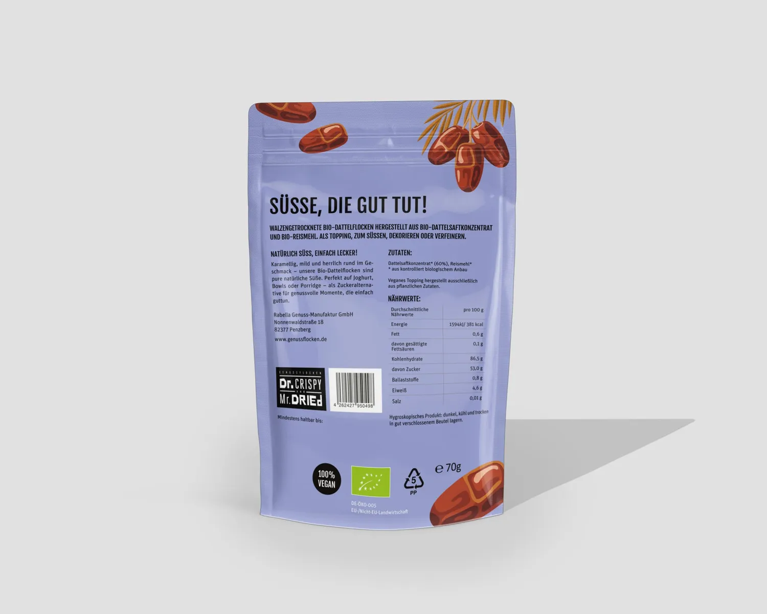 Dr. Crispy & Mr. Dried Genussflocken Bio Dattel dadelflager 70 g naturlig sødme