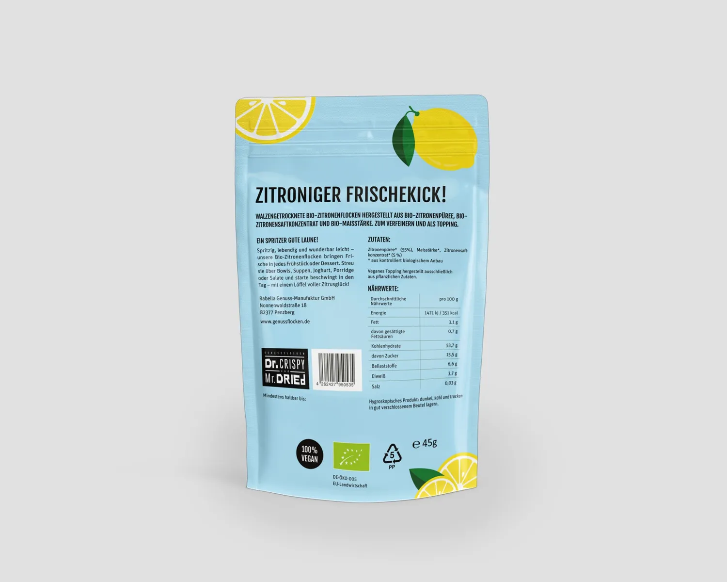 Dr. Crispy & Mr. Dried Genussflocken Bio Zitrone citronflager 45 g frisk syrlighed