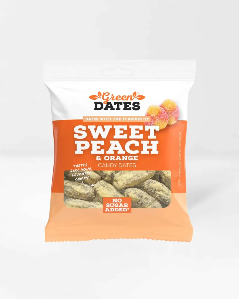Green Dates Candy Dates Sweet Peach & Orange dadler 90 g veganske